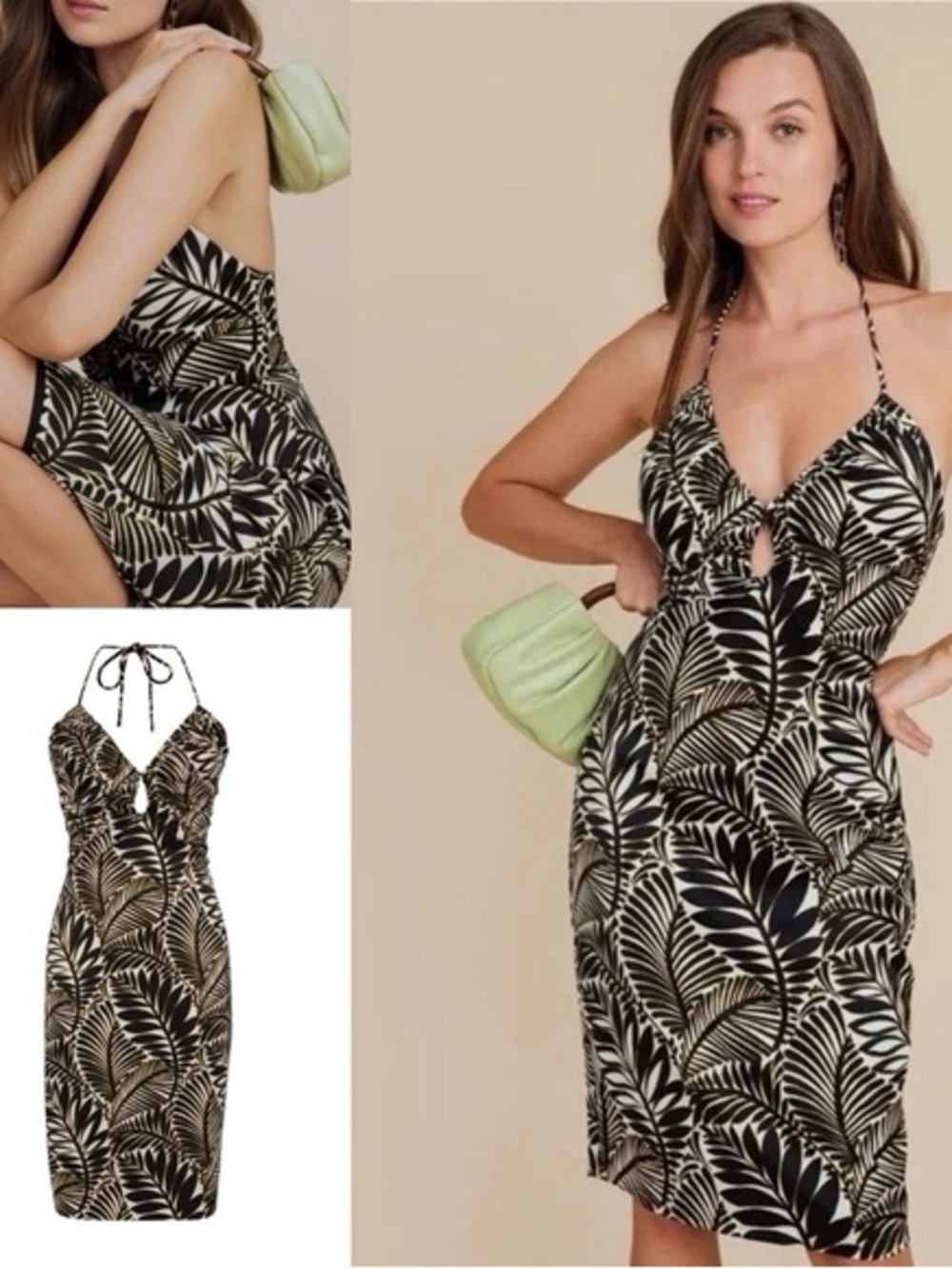 Christian Lacroix Tropical Botanical Halter Dress | Black Gold Satin | Size M